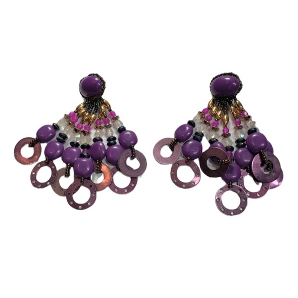 Purple Beaded Chunky Statement Earrings Sequins - Picture 1 of 7